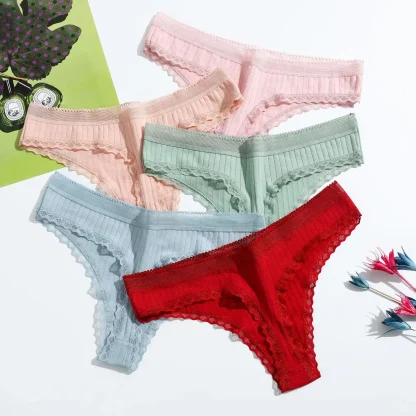 Cotton Lace Trim Thong Panties