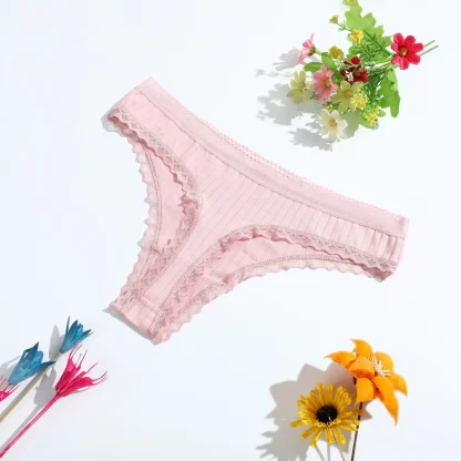 Cotton Lace Trim Thong Panties - Image 3
